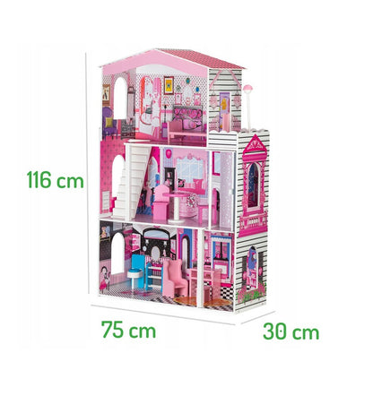 Casuta de papusi din lemn cu lift idealSTORE FLORIDA BEACH RESIDENCE, Dimensiuni 116 x 30 x 75 cm, Constructie cu 3 etaje, 4 camere si 10 piese de mobilier, O resedinta ce creeaza un basm unic