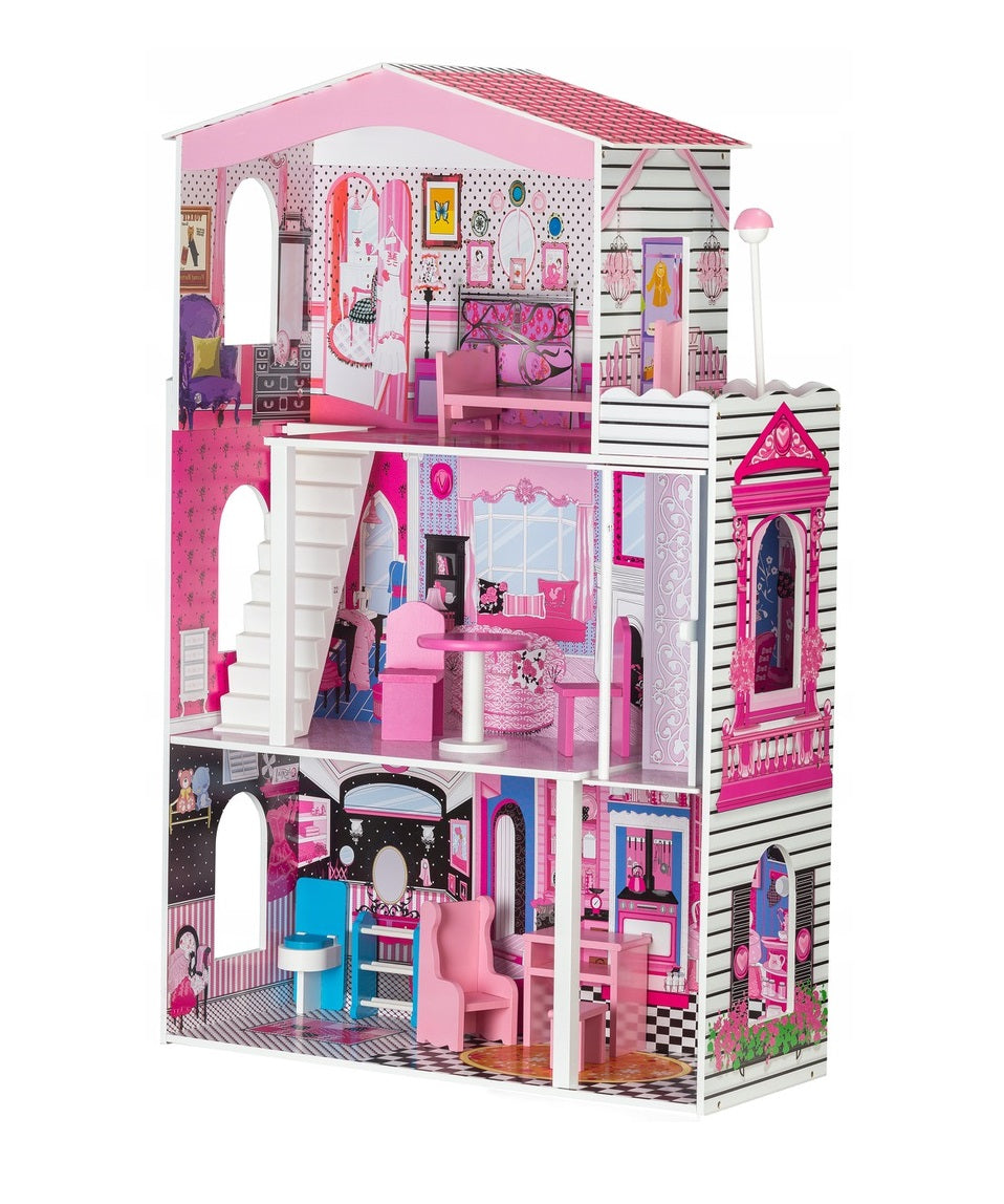 Casuta de papusi din lemn cu lift idealSTORE FLORIDA BEACH RESIDENCE, Dimensiuni 116 x 30 x 75 cm, Constructie cu 3 etaje, 4 camere si 10 piese de mobilier, O resedinta ce creeaza un basm unic