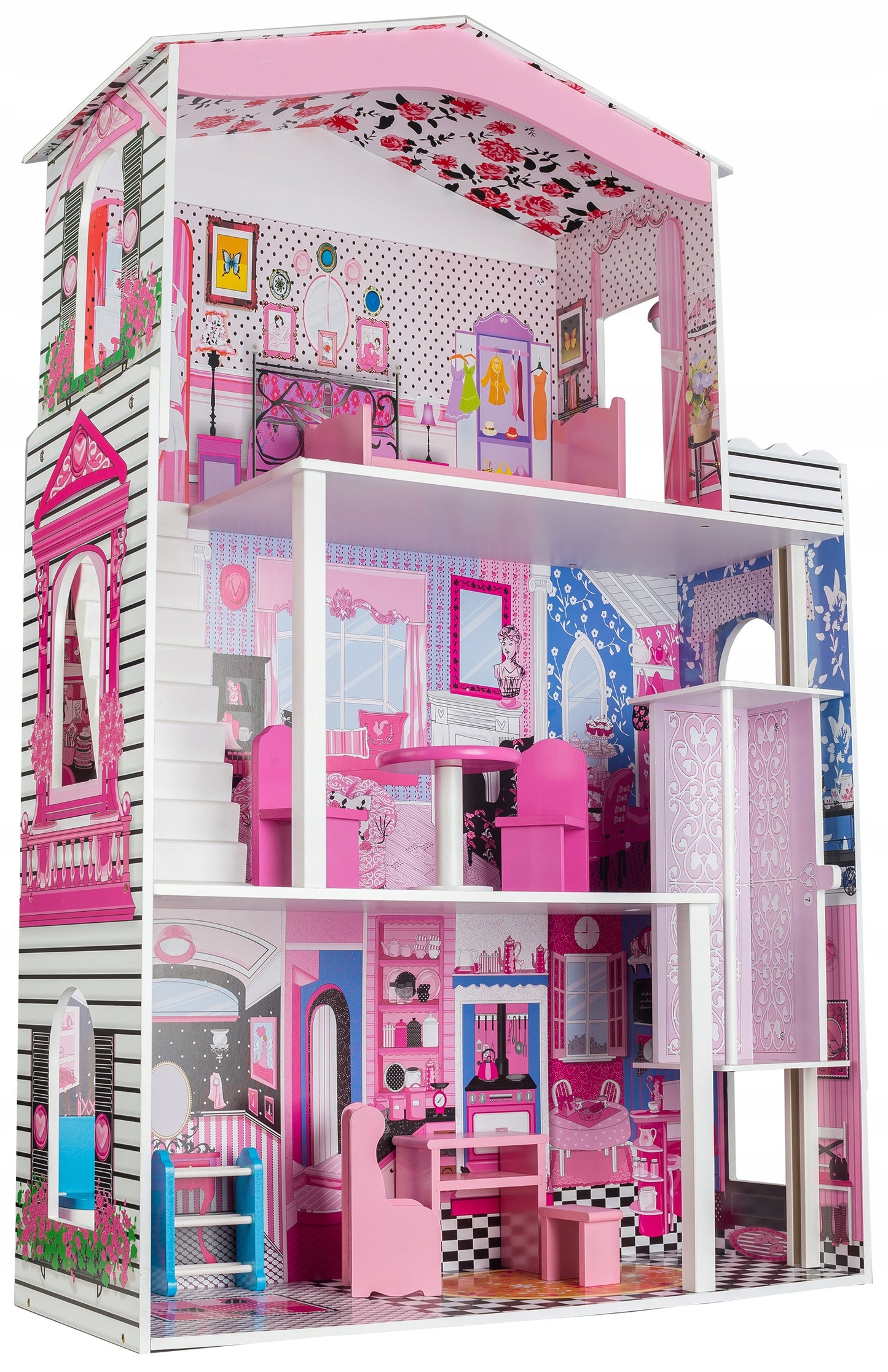 Casuta de papusi din lemn cu lift idealSTORE FLORIDA BEACH RESIDENCE, Dimensiuni 116 x 30 x 75 cm, Constructie cu 3 etaje, 4 camere si 10 piese de mobilier, O resedinta ce creeaza un basm unic