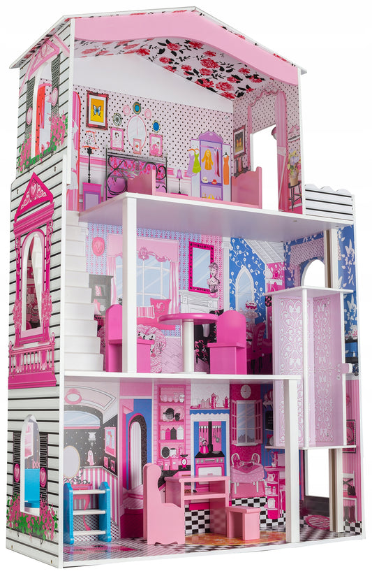 Casuta de papusi din lemn cu lift idealSTORE FLORIDA BEACH RESIDENCE, Dimensiuni 116 x 30 x 75 cm, Constructie cu 3 etaje, 4 camere si 10 piese de mobilier, O resedinta ce creeaza un basm unic