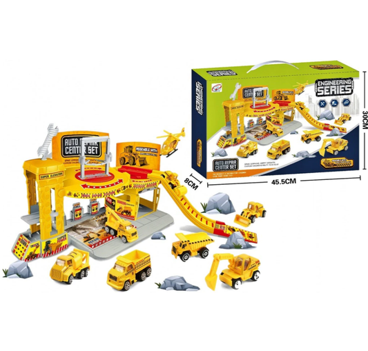 Set de Joaca Complex cu garaj idealSTORE YELLOW ENGINEERING PARKING, Echipat cu lift, benzinarie si accesorii specifice, Construit pe mai multe nivele, Accesorizat cu masinute mixte pentru distractie garantata