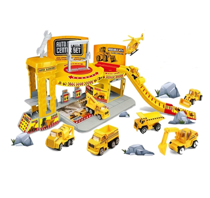 Set de Joaca Complex cu garaj idealSTORE YELLOW ENGINEERING PARKING, Echipat cu lift, benzinarie si accesorii specifice, Construit pe mai multe nivele, Accesorizat cu masinute mixte pentru distractie garantata