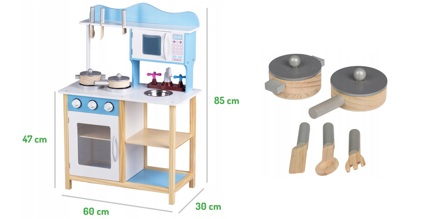 Bucatarie Multifunctionala Premium din LEMN, Blue CHEF DELUXE, Inaltime 85 cm, 5 Accesorii specifice ce vor oferi multe ore de distractie celor mici, Sporeste Dezvoltarea Abilitatilor si Incurajeaza Jocul de ROL
