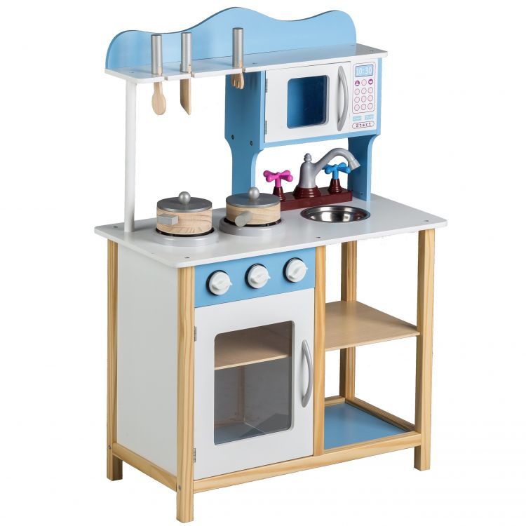 Bucatarie Multifunctionala Premium din LEMN, Blue CHEF DELUXE, Inaltime 85 cm, 5 Accesorii specifice ce vor oferi multe ore de distractie celor mici, Sporeste Dezvoltarea Abilitatilor si Incurajeaza Jocul de ROL