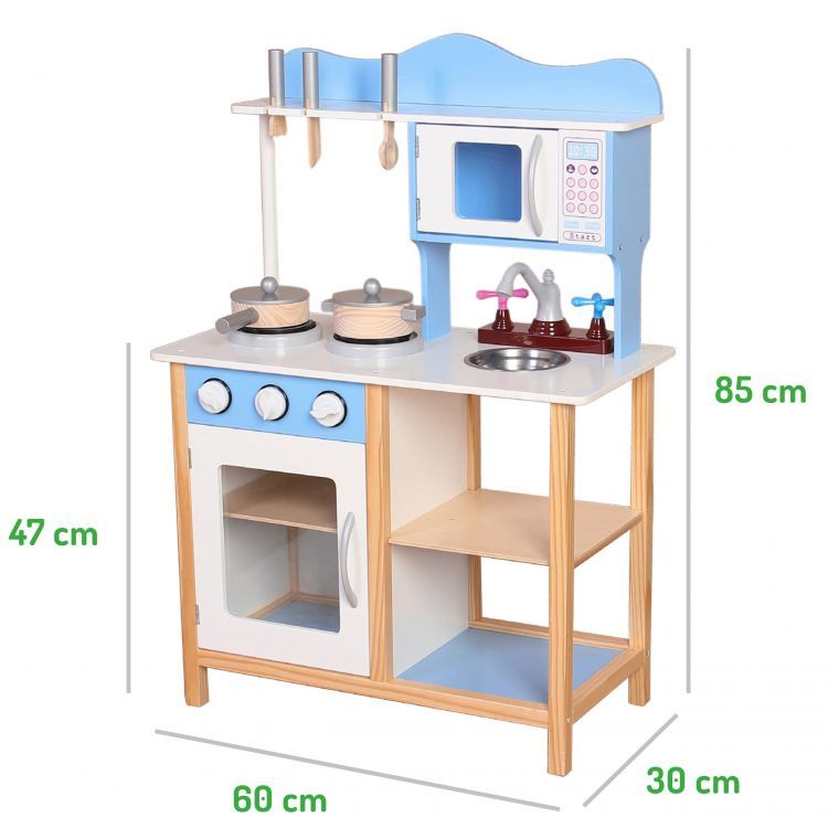 Bucatarie Multifunctionala Premium din LEMN, Blue CHEF DELUXE, Inaltime 85 cm, 5 Accesorii specifice ce vor oferi multe ore de distractie celor mici, Sporeste Dezvoltarea Abilitatilor si Incurajeaza Jocul de ROL
