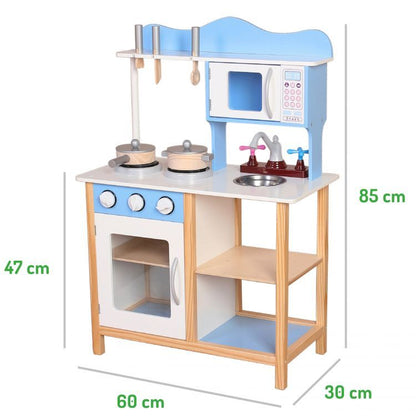 Bucatarie Multifunctionala Premium din LEMN, Blue CHEF DELUXE, Inaltime 85 cm, 5 Accesorii specifice ce vor oferi multe ore de distractie celor mici, Sporeste Dezvoltarea Abilitatilor si Incurajeaza Jocul de ROL