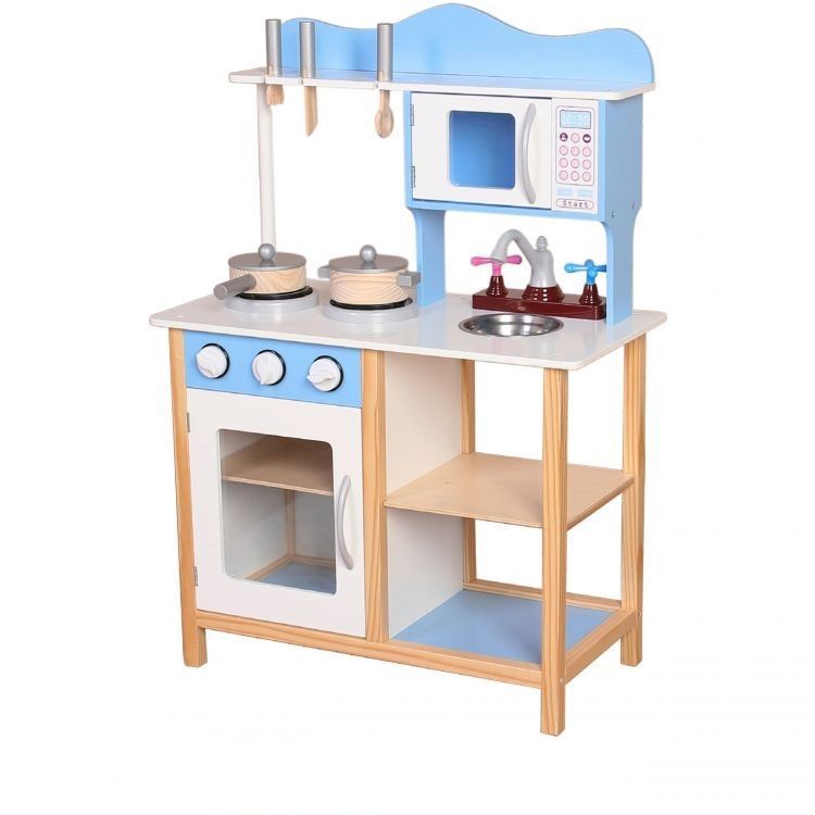 Bucatarie Multifunctionala Premium din LEMN, Blue CHEF DELUXE, Inaltime 85 cm, 5 Accesorii specifice ce vor oferi multe ore de distractie celor mici, Sporeste Dezvoltarea Abilitatilor si Incurajeaza Jocul de ROL