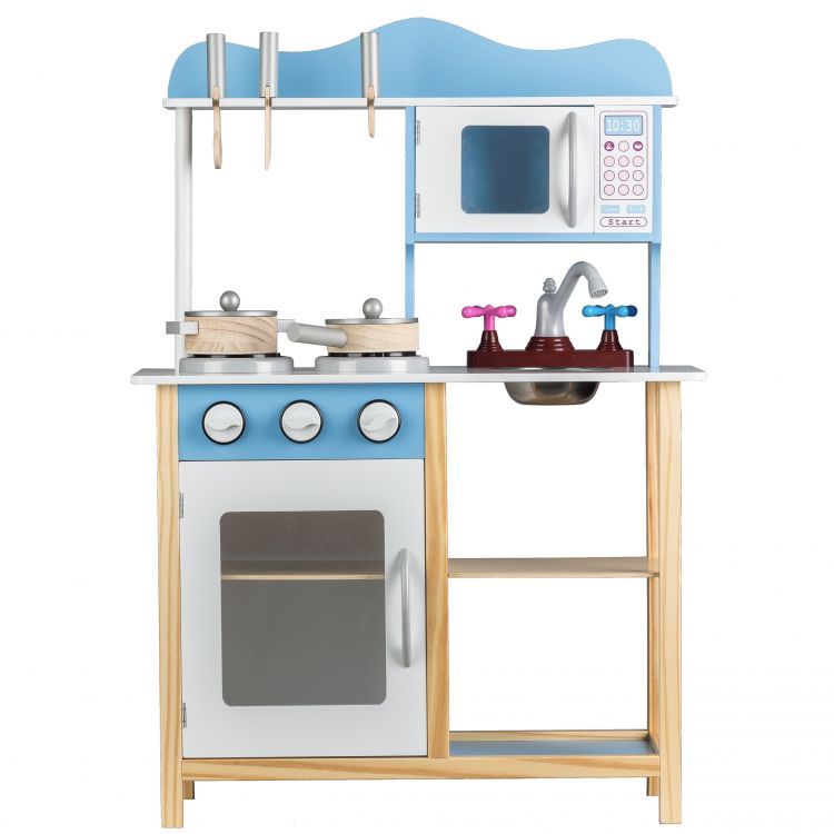 Bucatarie Multifunctionala Premium din LEMN, Blue CHEF DELUXE, Inaltime 85 cm, 5 Accesorii specifice ce vor oferi multe ore de distractie celor mici, Sporeste Dezvoltarea Abilitatilor si Incurajeaza Jocul de ROL
