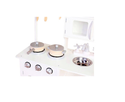 Bucatarie Multifunctionala Premium din LEMN, White CHEF DELUXE, Inaltime 85 cm, 5 Accesorii specifice ce vor oferi multe ore de distractie celor mici, Sporeste Dezvoltarea Abilitatilor si Incurajeaza Jocul de ROL