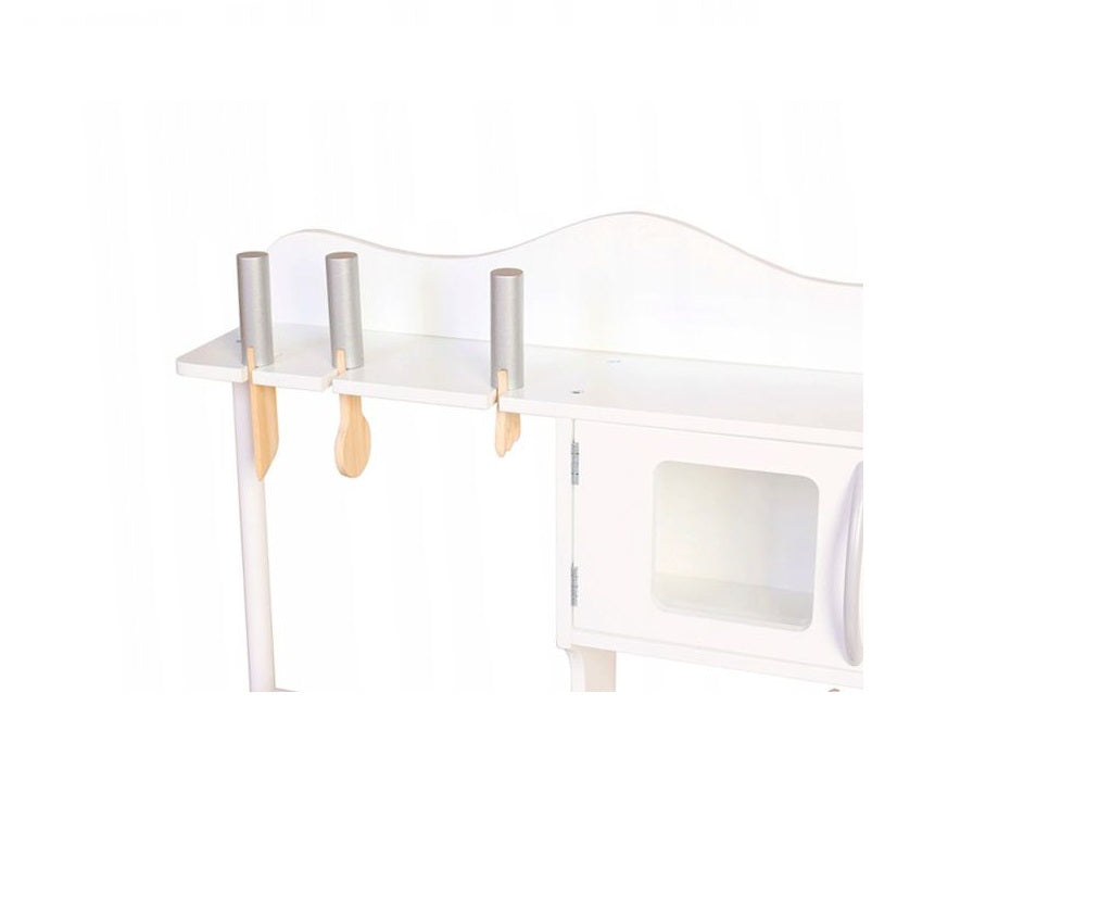 Bucatarie Multifunctionala Premium din LEMN, White CHEF DELUXE, Inaltime 85 cm, 5 Accesorii specifice ce vor oferi multe ore de distractie celor mici, Sporeste Dezvoltarea Abilitatilor si Incurajeaza Jocul de ROL