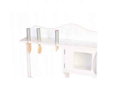 Bucatarie Multifunctionala Premium din LEMN, White CHEF DELUXE, Inaltime 85 cm, 5 Accesorii specifice ce vor oferi multe ore de distractie celor mici, Sporeste Dezvoltarea Abilitatilor si Incurajeaza Jocul de ROL