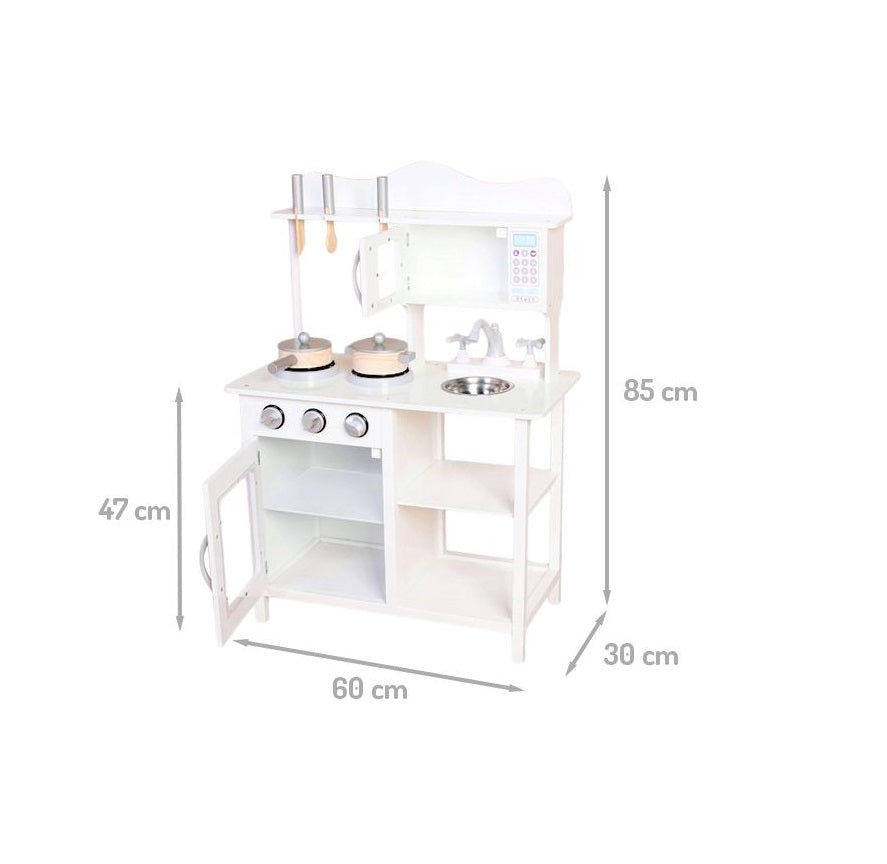 Bucatarie Multifunctionala Premium din LEMN, White CHEF DELUXE, Inaltime 85 cm, 5 Accesorii specifice ce vor oferi multe ore de distractie celor mici, Sporeste Dezvoltarea Abilitatilor si Incurajeaza Jocul de ROL