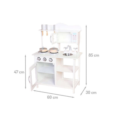 Bucatarie Multifunctionala Premium din LEMN, White CHEF DELUXE, Inaltime 85 cm, 5 Accesorii specifice ce vor oferi multe ore de distractie celor mici, Sporeste Dezvoltarea Abilitatilor si Incurajeaza Jocul de ROL