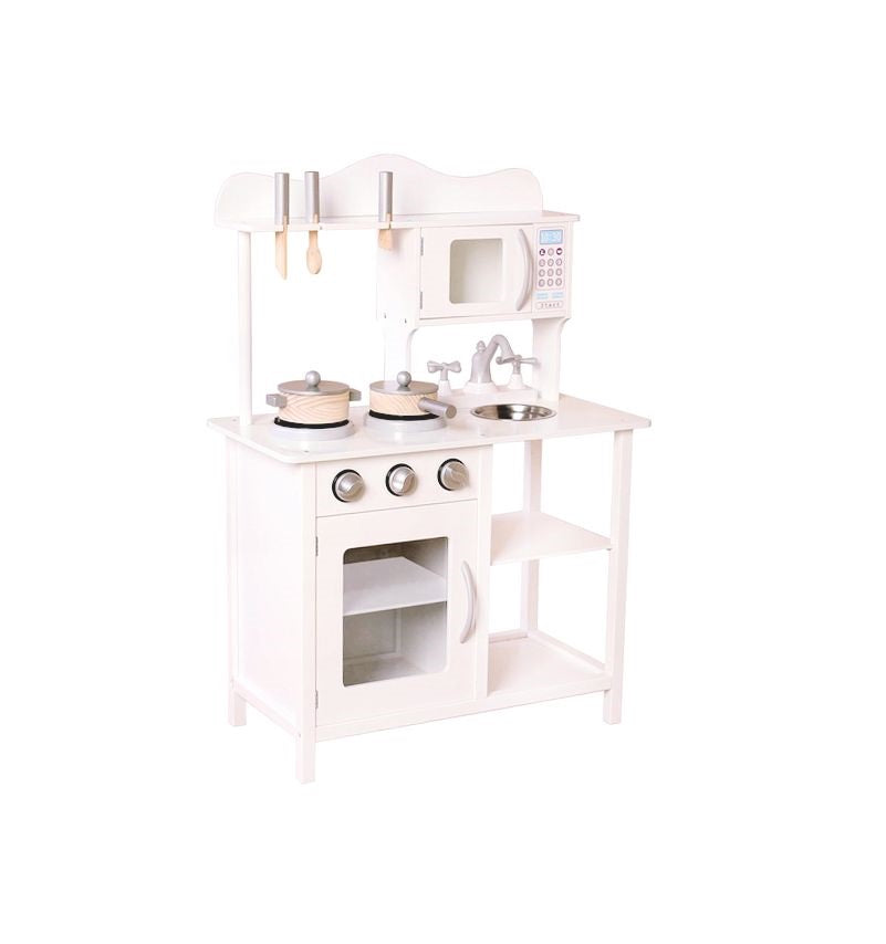 Bucatarie Multifunctionala Premium din LEMN, White CHEF DELUXE, Inaltime 85 cm, 5 Accesorii specifice ce vor oferi multe ore de distractie celor mici, Sporeste Dezvoltarea Abilitatilor si Incurajeaza Jocul de ROL