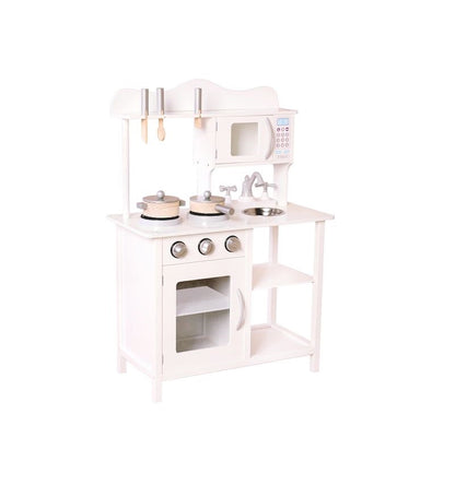Bucatarie Multifunctionala Premium din LEMN, White CHEF DELUXE, Inaltime 85 cm, 5 Accesorii specifice ce vor oferi multe ore de distractie celor mici, Sporeste Dezvoltarea Abilitatilor si Incurajeaza Jocul de ROL