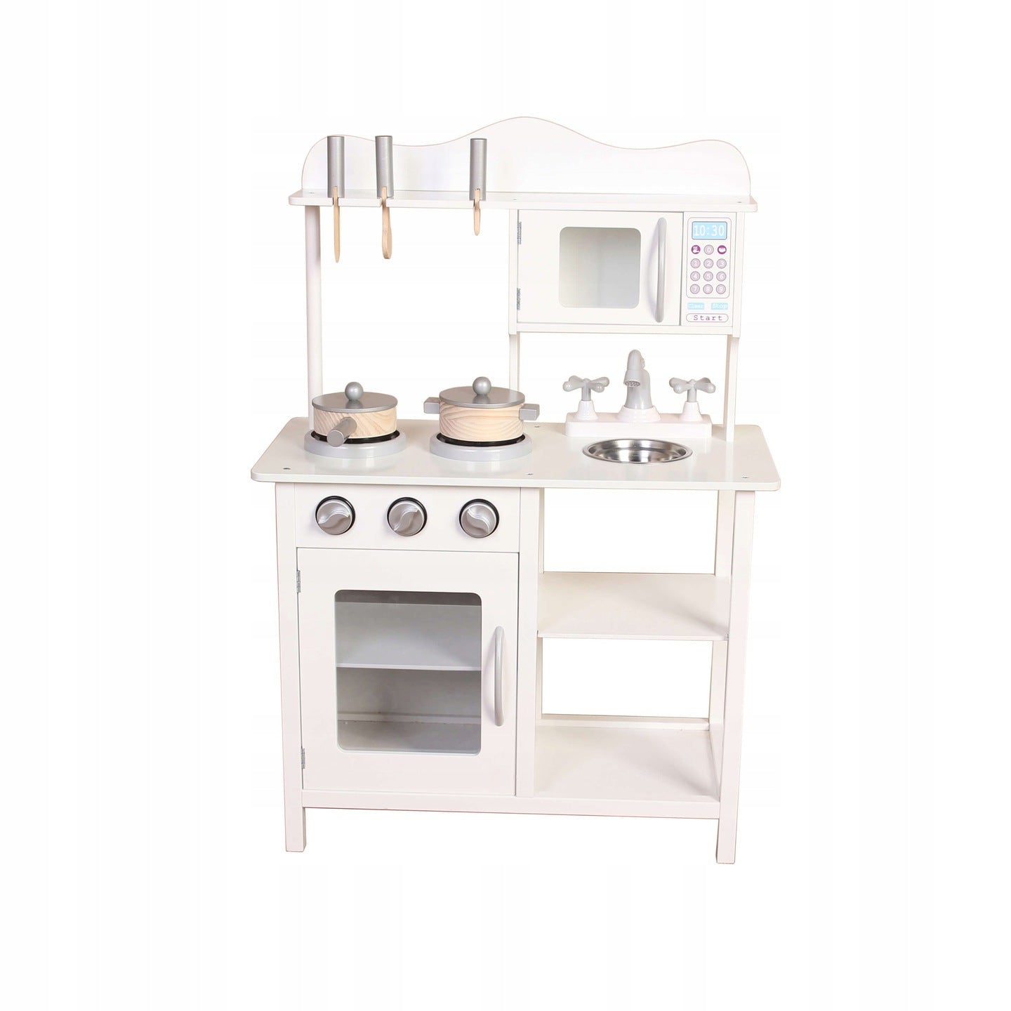 Bucatarie Multifunctionala Premium din LEMN, White CHEF DELUXE, Inaltime 85 cm, 5 Accesorii specifice ce vor oferi multe ore de distractie celor mici, Sporeste Dezvoltarea Abilitatilor si Incurajeaza Jocul de ROL