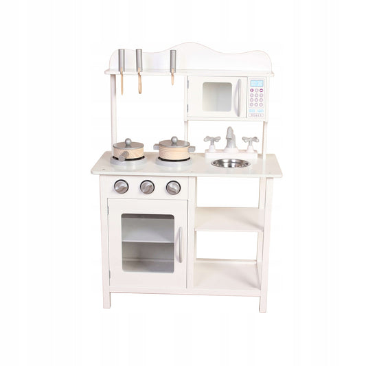 Bucatarie Multifunctionala Premium din LEMN, White CHEF DELUXE, Inaltime 85 cm, 5 Accesorii specifice ce vor oferi multe ore de distractie celor mici, Sporeste Dezvoltarea Abilitatilor si Incurajeaza Jocul de ROL