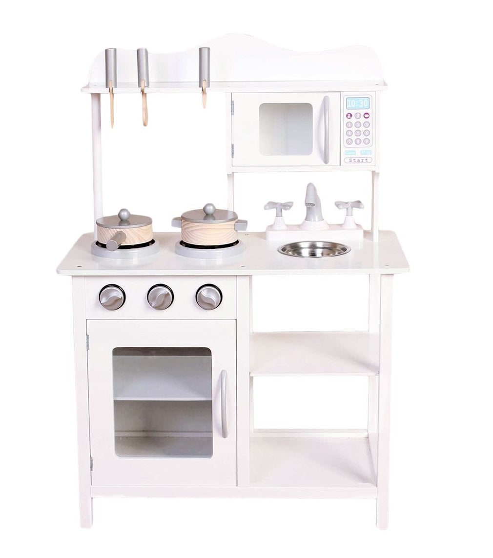 Bucatarie Multifunctionala Premium din LEMN, White CHEF DELUXE, Inaltime 85 cm, 5 Accesorii specifice ce vor oferi multe ore de distractie celor mici, Sporeste Dezvoltarea Abilitatilor si Incurajeaza Jocul de ROL