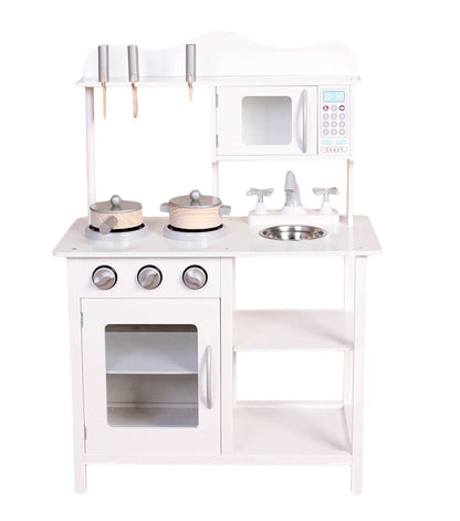 Bucatarie Multifunctionala Premium din LEMN, White CHEF DELUXE, Inaltime 85 cm, 5 Accesorii specifice ce vor oferi multe ore de distractie celor mici, Sporeste Dezvoltarea Abilitatilor si Incurajeaza Jocul de ROL