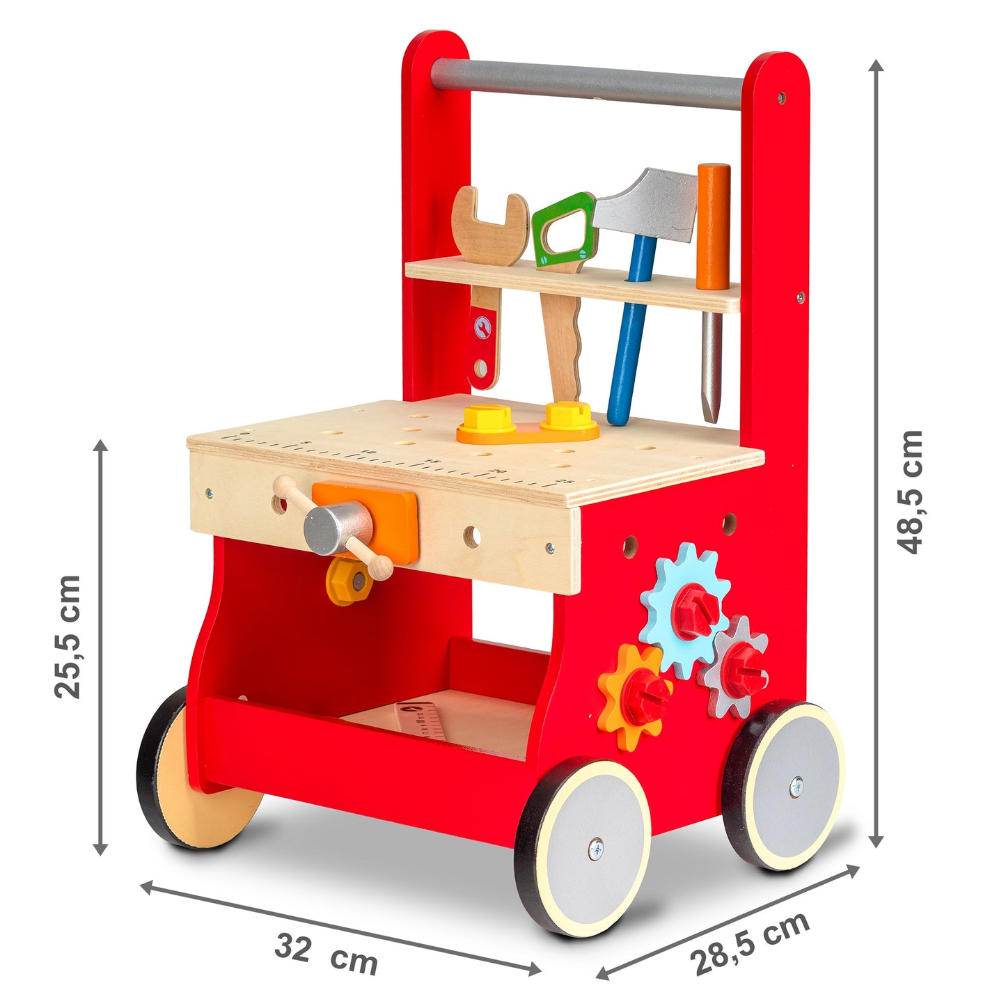 Impingator din Lemn tip Banc de lucru idealSTORE RED Residence WORK, Dimensiuni 48.5 x 32 x 28.5 cm, Accesorii specifice ciocan, cheie, surubelnita si ferastrau, Dezvolta abilitatile manuale