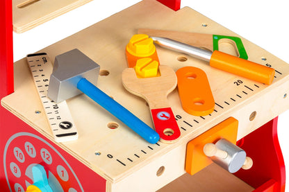 Impingator din Lemn tip Banc de lucru idealSTORE RED Residence WORK, Dimensiuni 48.5 x 32 x 28.5 cm, Accesorii specifice ciocan, cheie, surubelnita si ferastrau, Dezvolta abilitatile manuale