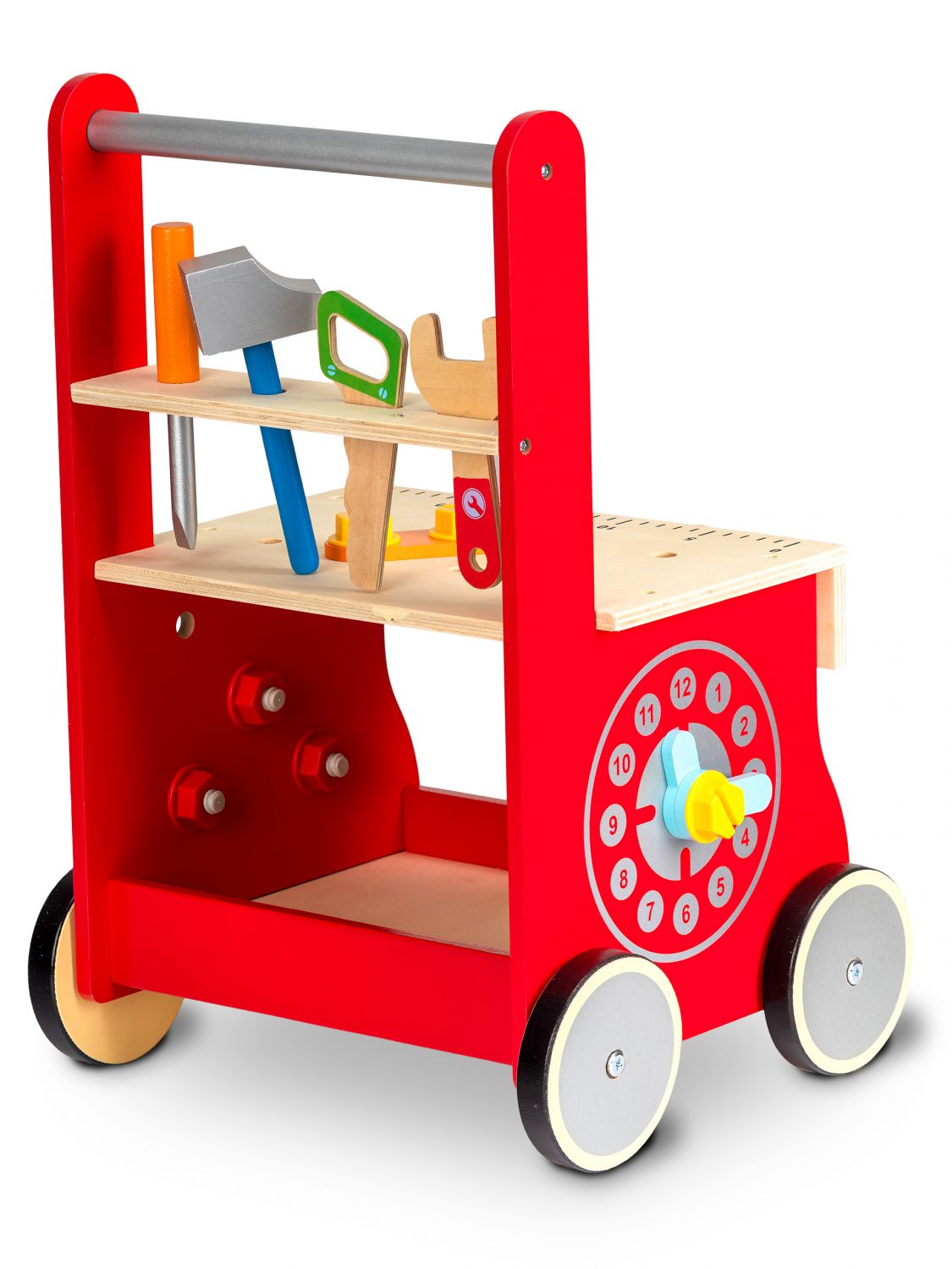 Impingator din Lemn tip Banc de lucru idealSTORE RED Residence WORK, Dimensiuni 48.5 x 32 x 28.5 cm, Accesorii specifice ciocan, cheie, surubelnita si ferastrau, Dezvolta abilitatile manuale