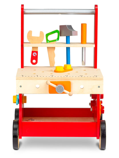 Impingator din Lemn tip Banc de lucru idealSTORE RED Residence WORK, Dimensiuni 48.5 x 32 x 28.5 cm, Accesorii specifice ciocan, cheie, surubelnita si ferastrau, Dezvolta abilitatile manuale