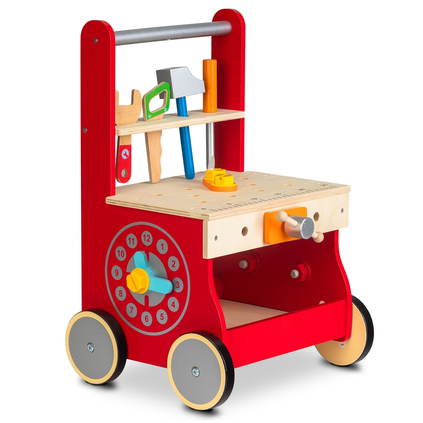 Impingator din Lemn tip Banc de lucru idealSTORE RED Residence WORK, Dimensiuni 48.5 x 32 x 28.5 cm, Accesorii specifice ciocan, cheie, surubelnita si ferastrau, Dezvolta abilitatile manuale