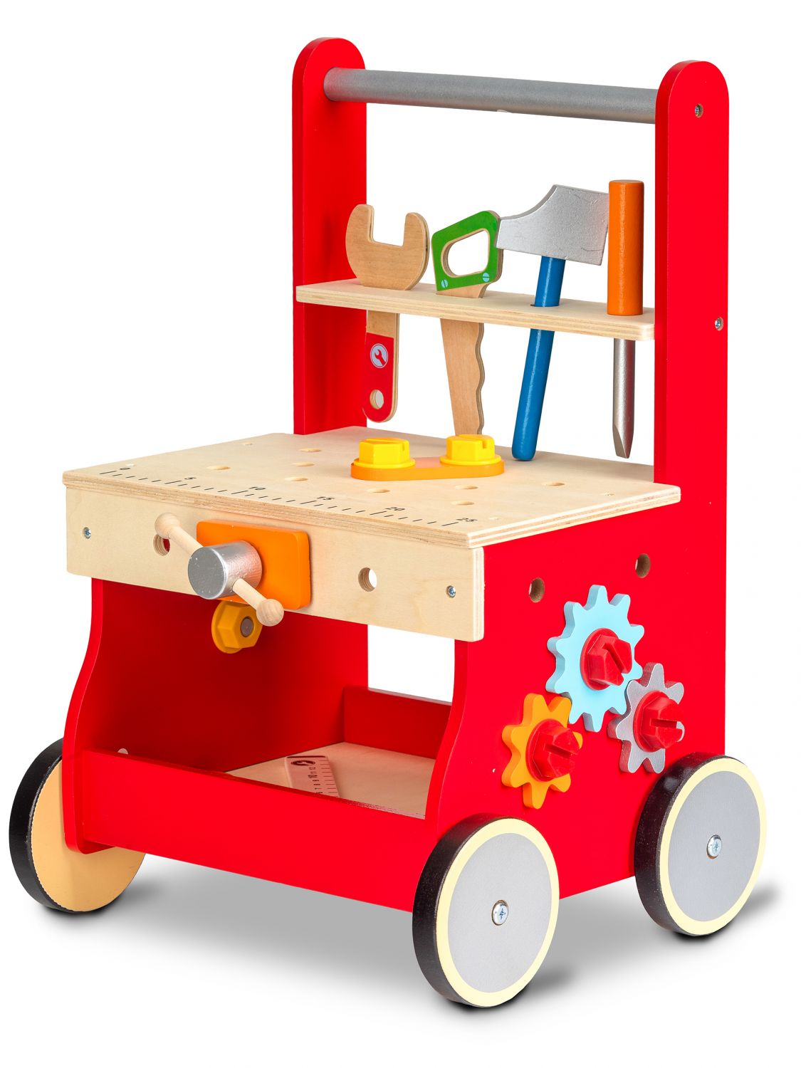 Impingator din Lemn tip Banc de lucru idealSTORE RED Residence WORK, Dimensiuni 48.5 x 32 x 28.5 cm, Accesorii specifice ciocan, cheie, surubelnita si ferastrau, Dezvolta abilitatile manuale