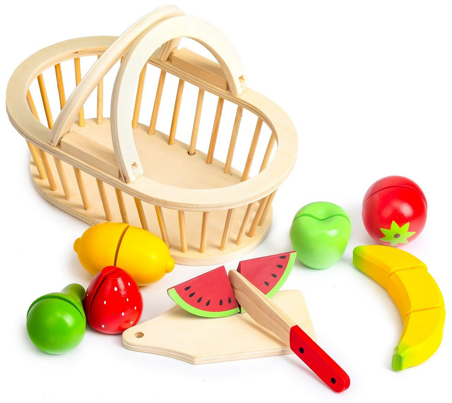 Cosulet cu fructe din lemn idealSTORE Fruits Jump, Include 10 piese 7 fructe, tocator si cutit, Dezvolta imaginatia, Sporeste distractia creativa intr-un mod sanatos