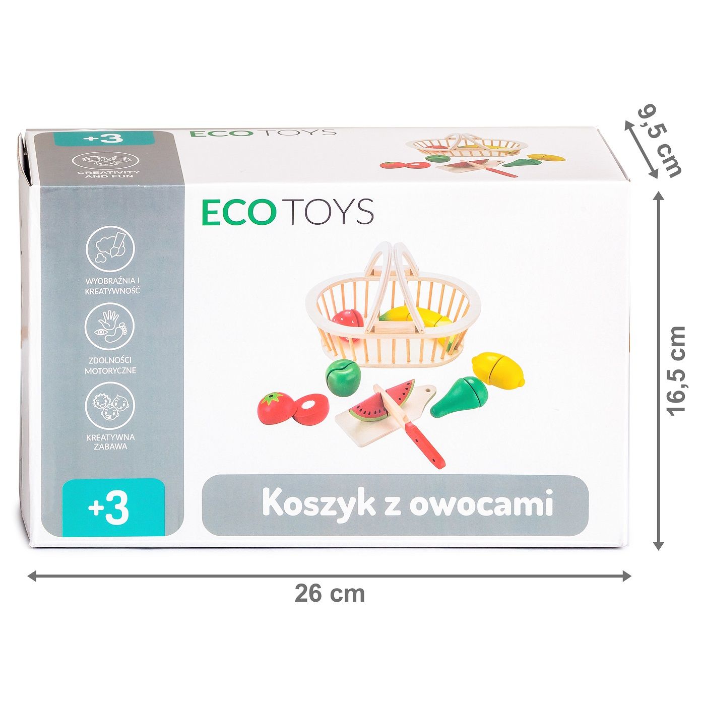 Cosulet cu fructe din lemn idealSTORE Fruits Jump, Include 10 piese 7 fructe, tocator si cutit, Dezvolta imaginatia, Sporeste distractia creativa intr-un mod sanatos