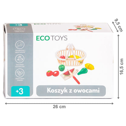 Cosulet cu fructe din lemn idealSTORE Fruits Jump, Include 10 piese 7 fructe, tocator si cutit, Dezvolta imaginatia, Sporeste distractia creativa intr-un mod sanatos