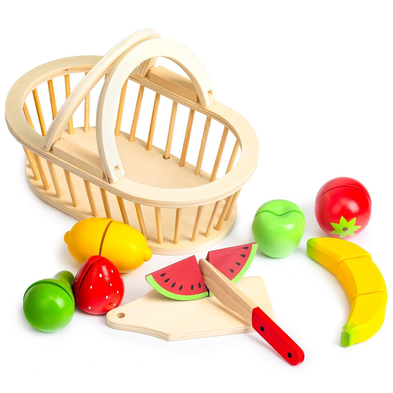 Cosulet cu fructe din lemn idealSTORE Fruits Jump, Include 10 piese 7 fructe, tocator si cutit, Dezvolta imaginatia, Sporeste distractia creativa intr-un mod sanatos