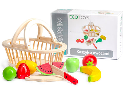 Cosulet cu fructe din lemn idealSTORE Fruits Jump, Include 10 piese 7 fructe, tocator si cutit, Dezvolta imaginatia, Sporeste distractia creativa intr-un mod sanatos