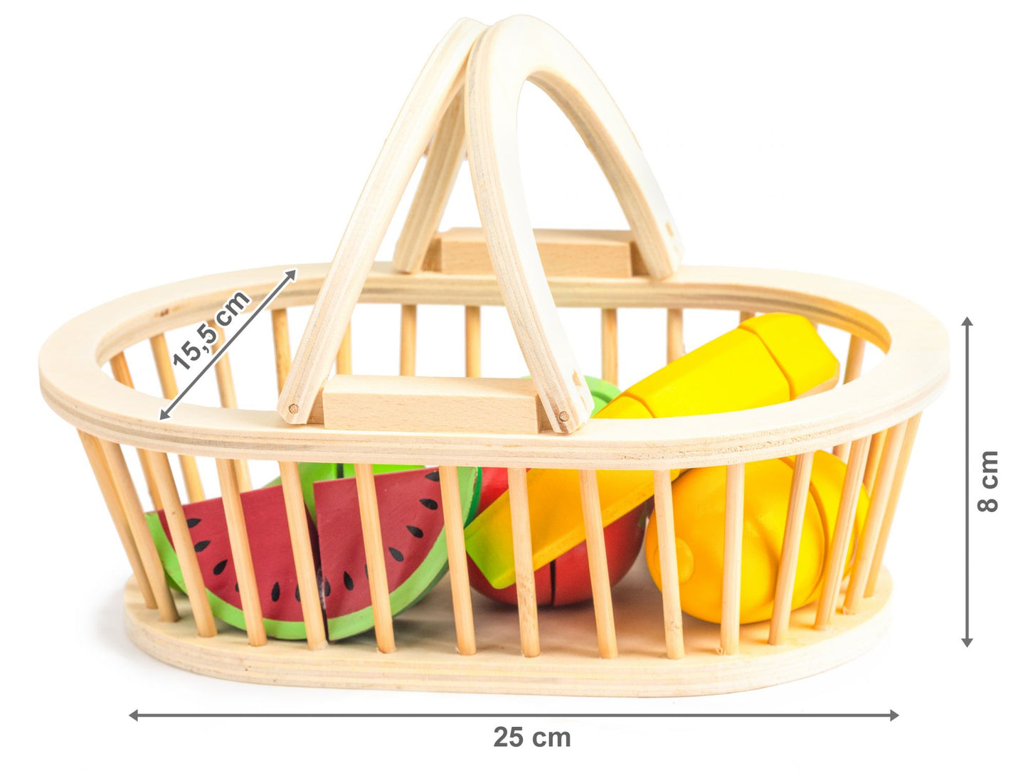 Cosulet cu fructe din lemn idealSTORE Fruits Jump, Include 10 piese 7 fructe, tocator si cutit, Dezvolta imaginatia, Sporeste distractia creativa intr-un mod sanatos