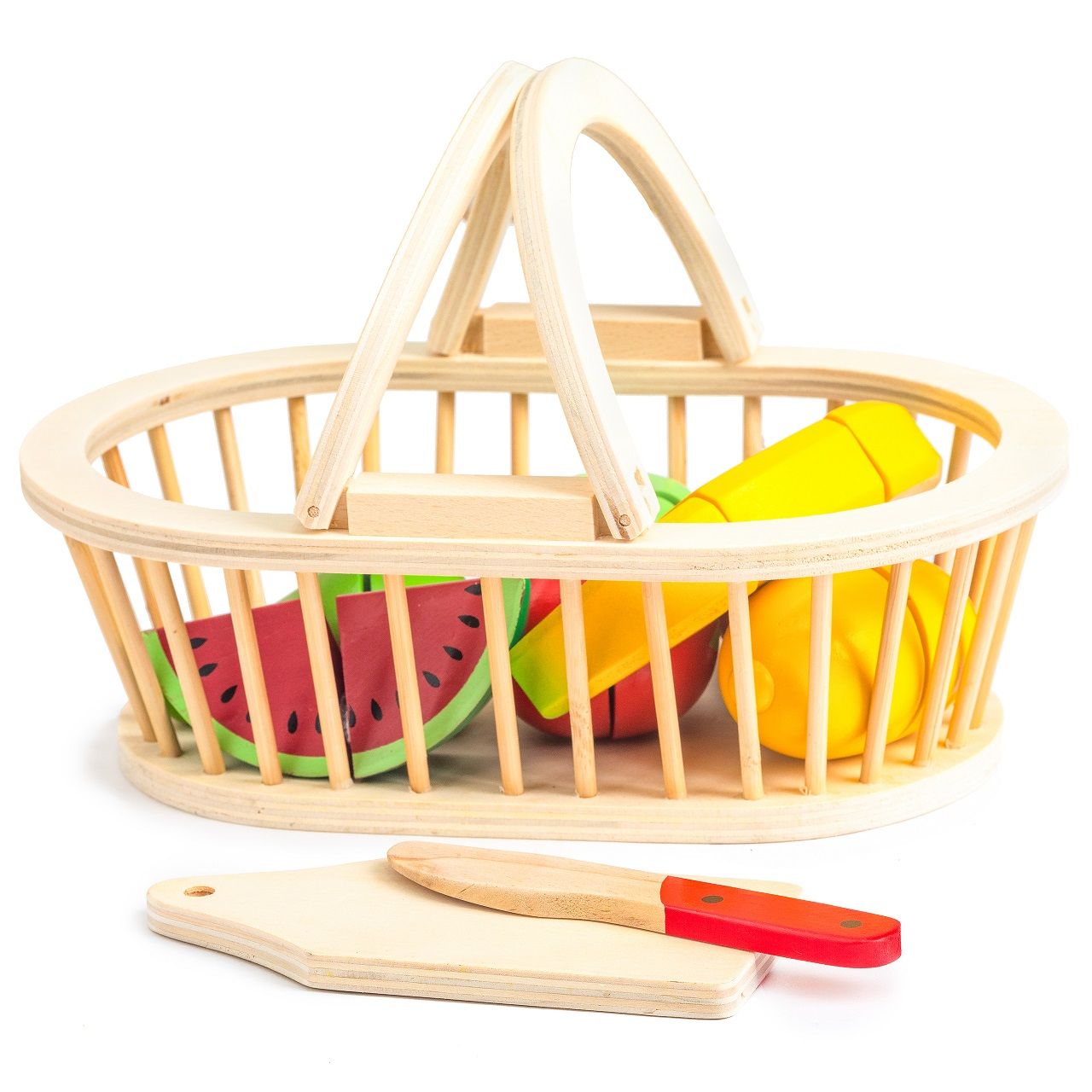 Cosulet cu fructe din lemn idealSTORE Fruits Jump, Include 10 piese 7 fructe, tocator si cutit, Dezvolta imaginatia, Sporeste distractia creativa intr-un mod sanatos