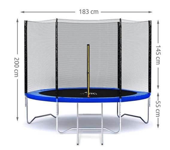Trambulina pentru copii cu plasa de protectie IDL FREE THE JUMP COLLECTION, Diametru 183 cm, Fabricata din Otel, Echipata cu 42 de arcuri de Sustinere ce suporta pana la 150 de Kg, Accesorizata cu Scara de Acces, Certificat de siguranta TUV-GS-CE