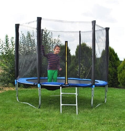 Trambulina pentru copii cu plasa de protectie IDL FREE THE JUMP COLLECTION, Diametru 183 cm, Fabricata din Otel, Echipata cu 42 de arcuri de Sustinere ce suporta pana la 150 de Kg, Accesorizata cu Scara de Acces, Certificat de siguranta TUV-GS-CE