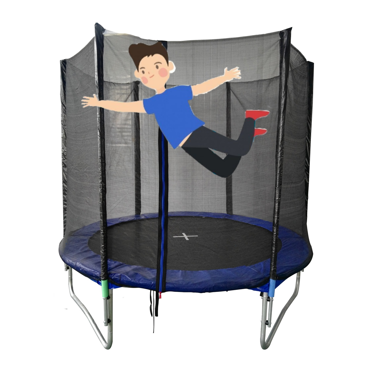 Trambulina pentru copii cu sistem de protectie idealSTORE SOFT JUMP KIDS, Diametru 244 cm, Inaltime 59 cm, Plasa rezistenta de 180 cm, Structura de metal, Materiale care combat razele UV, Asigura siguranta si confort, Maxim 110 kg