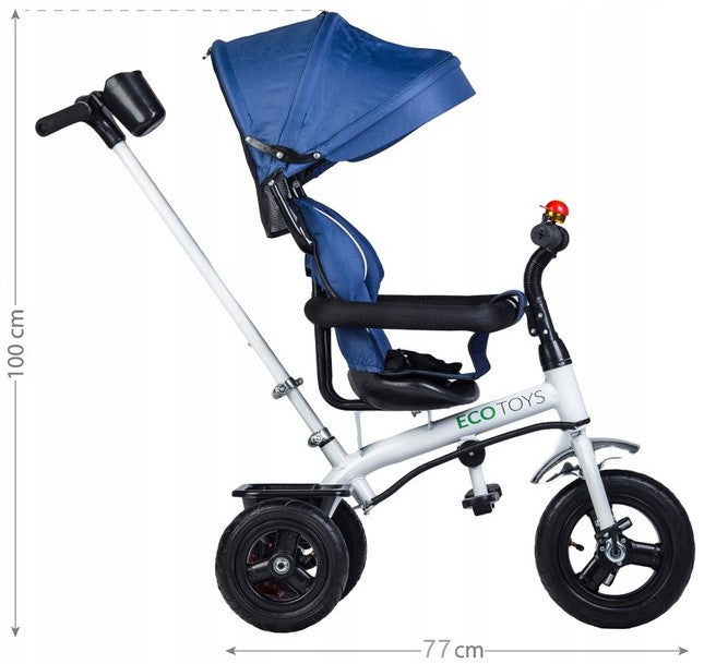 Tricicleta IDL Baby Blue Control pentru copii cu scaun fix comfortabil plusat, Copertina pliabila, Cosulet pentru jucarii, Design Modern, Materiale Superioare si Rezistente, Roti de cauciuc, Huse moi si comfortabile, Culoare Albastra