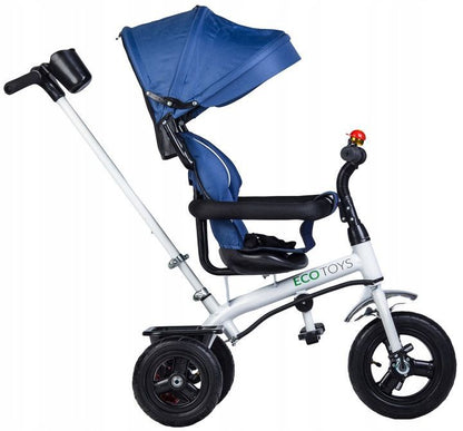 Tricicleta IDL Baby Blue Control pentru copii cu scaun fix comfortabil plusat, Copertina pliabila, Cosulet pentru jucarii, Design Modern, Materiale Superioare si Rezistente, Roti de cauciuc, Huse moi si comfortabile, Culoare Albastra