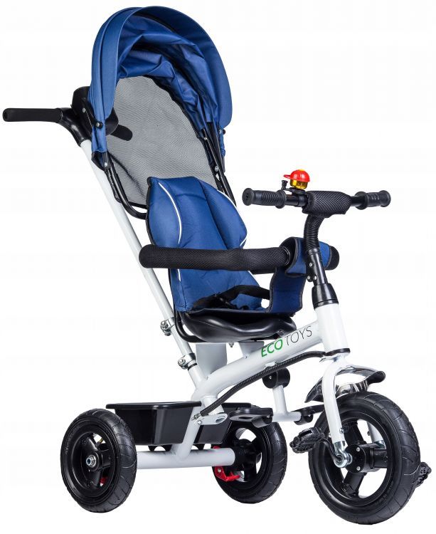 Tricicleta IDL Baby Blue Control pentru copii cu scaun fix comfortabil plusat, Copertina pliabila, Cosulet pentru jucarii, Design Modern, Materiale Superioare si Rezistente, Roti de cauciuc, Huse moi si comfortabile, Culoare Albastra