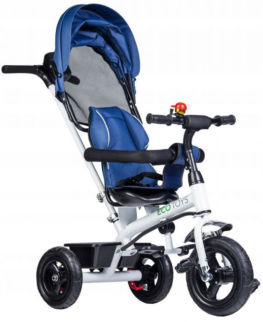 Tricicleta IDL Baby Blue Control pentru copii cu scaun fix comfortabil plusat, Copertina pliabila, Cosulet pentru jucarii, Design Modern, Materiale Superioare si Rezistente, Roti de cauciuc, Huse moi si comfortabile, Culoare Albastra