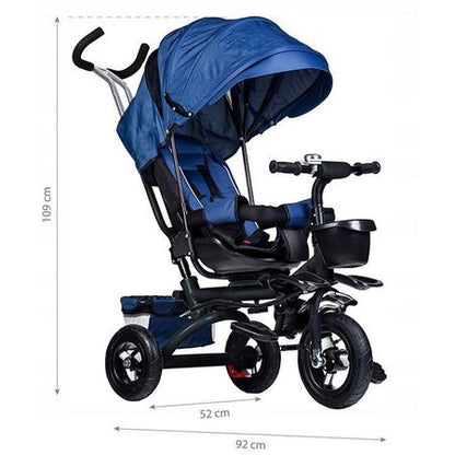 Tricicleta cu scaun rotativ, maner parental, copertina, cos depozitare, suport picioare, centura, culoare albastru