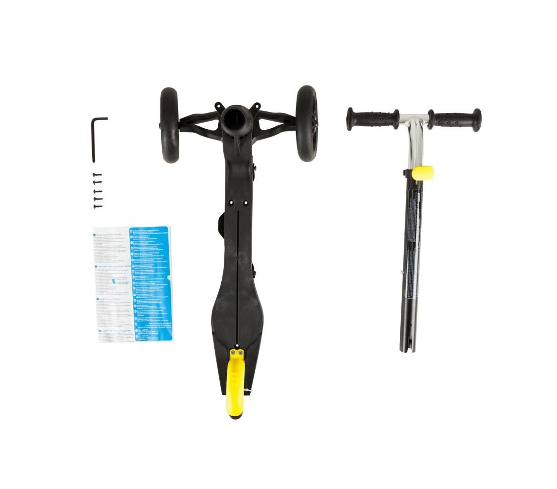 Trotineta cu sistem de directie UNIC SI BREVETAT IDL Speed Rider, Faciliteaza invatarea, traiectoria si insoteste dezvoltarea PSIHOMOTORIE la copii, Ofera distractie si ore de amuzament, Carcasa interschimbabila, Neagru-Galben