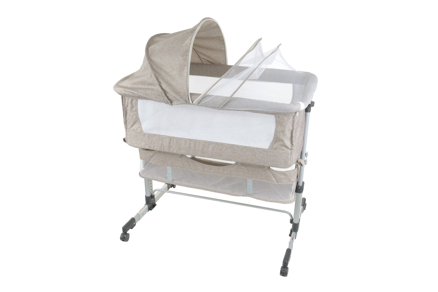 Patut de calatorie pliabil SUMMER BABY idealSTORE, Dimensiuni 80 x 95 x 60, Confectionat din aluminiu + Tesatura respirabila, Include plasa de tantar, cos pentru articole si jucarii, Ideal pentru calatoriile de vara, Culoare BEJ