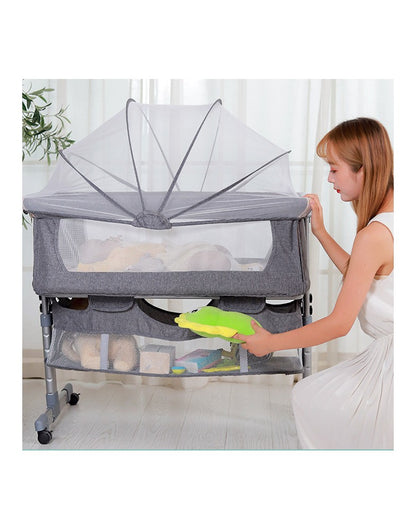 Patut de calatorie pliabil SUMMER BABY idealSTORE, Dimensiuni 80 x 95 x 60, Confectionat din aluminiu + Tesatura respirabila, Include plasa de tantari, cos pentru articole si jucarii, Ideal pentru calatoriile de vara, Culoare Gri