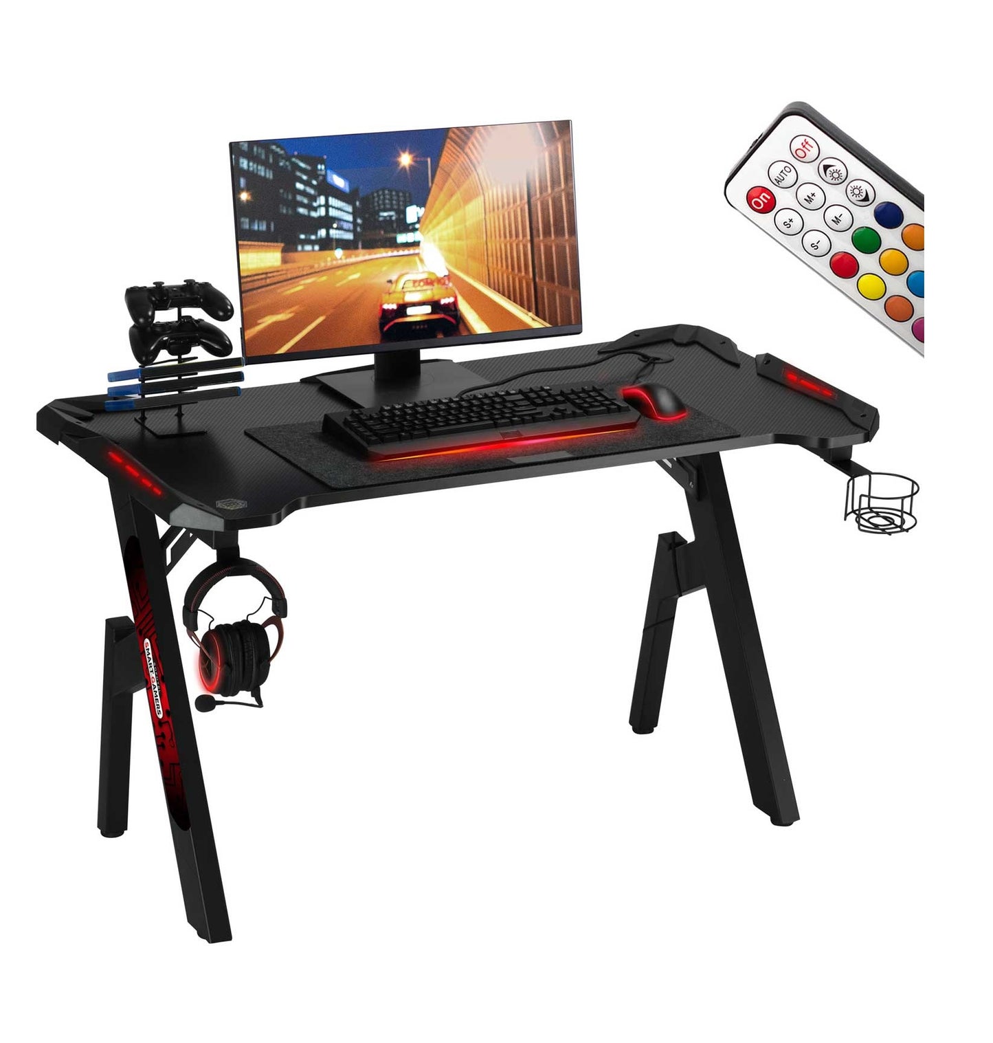 Birou gaming Smart Pro Collection idealSTORE Dimensiuni 120 x 60 x 70 cm, Cadru metalic stabil, Iluminare LED, Accesorizat cu suport pentru casti, pahar, Picioare reglabile, Echipat cu sistem de gestionare a cablurilor