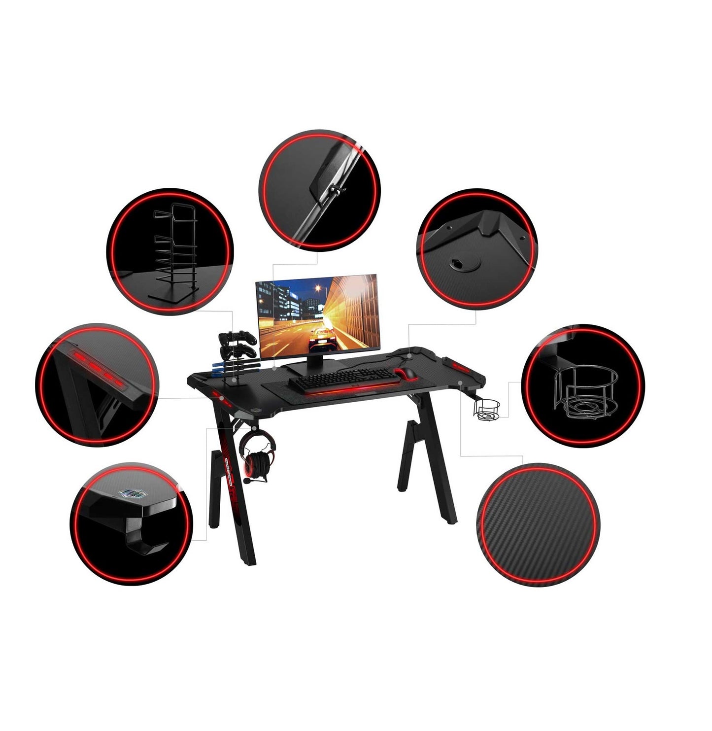 Birou gaming Smart Pro Collection idealSTORE Dimensiuni 120 x 60 x 70 cm, Cadru metalic stabil, Iluminare LED, Accesorizat cu suport pentru casti, pahar, Picioare reglabile, Echipat cu sistem de gestionare a cablurilor