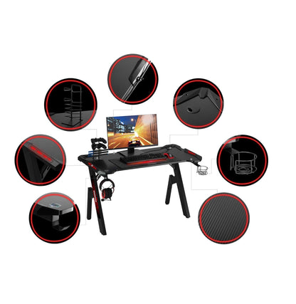 Birou gaming Smart Pro Collection idealSTORE Dimensiuni 120 x 60 x 70 cm, Cadru metalic stabil, Iluminare LED, Accesorizat cu suport pentru casti, pahar, Picioare reglabile, Echipat cu sistem de gestionare a cablurilor